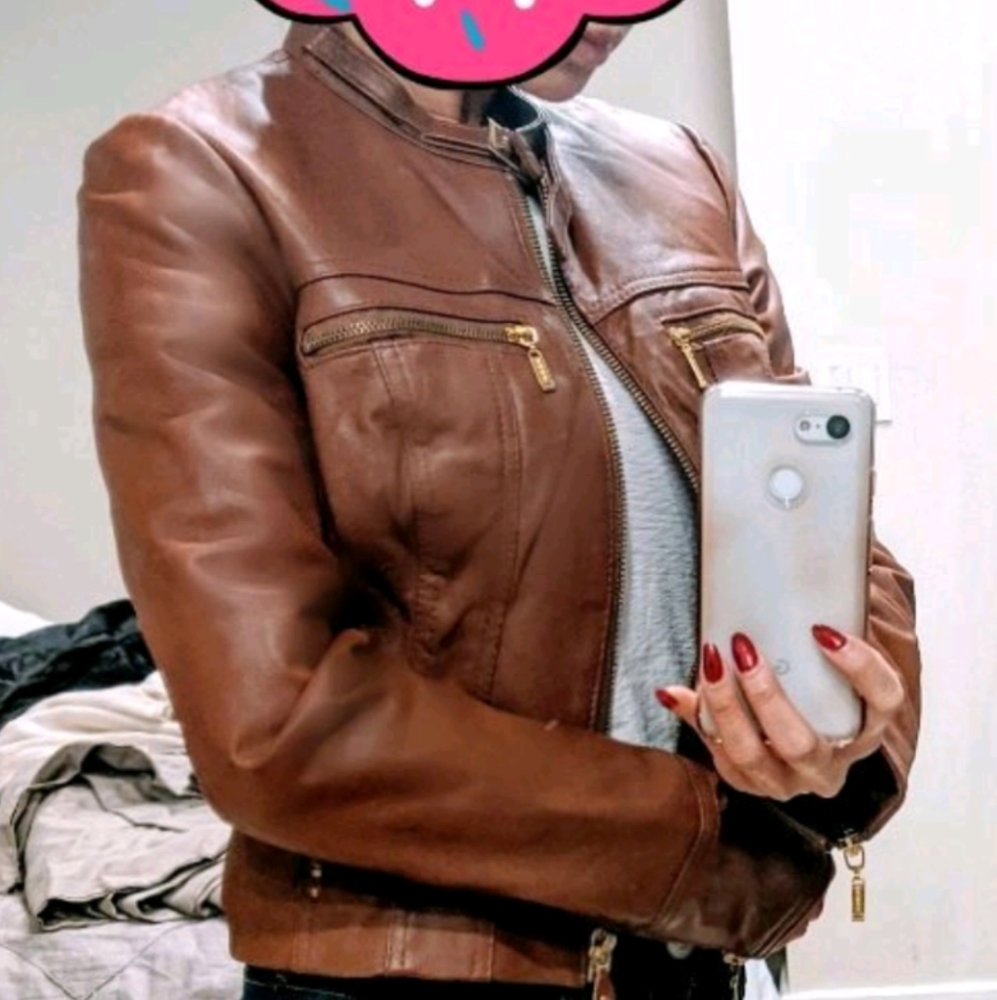 Bebe Leather Moto Jacket - Caramel Tan (S)